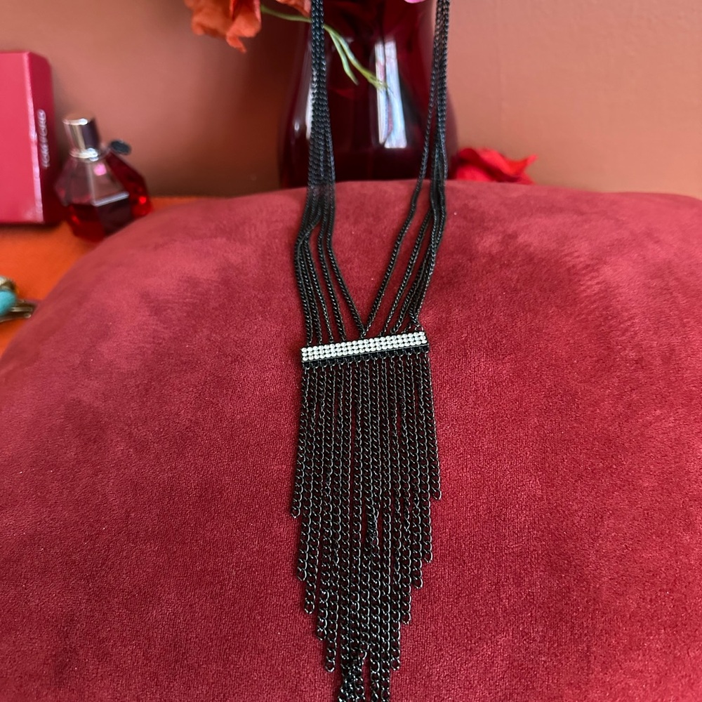 Vintage Black Multi-Strand Fringe Necklace with Crystal Accent
